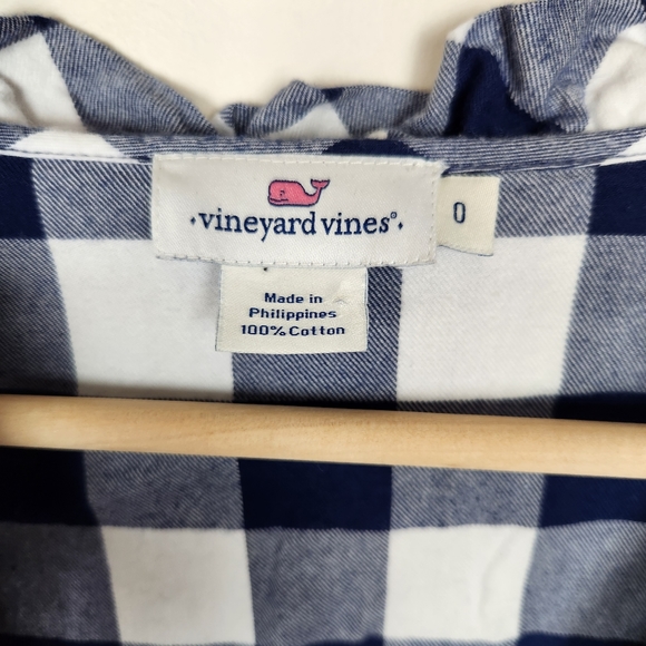 Vineyard Vines Blue White Checkered Plaid Ruffle Neck Dress Sz 0 - Picture 3 of 6